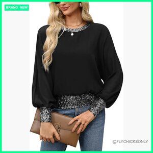 Sequin Formal Chiffon Blouse Top Long Sleeve Dressy Tunic